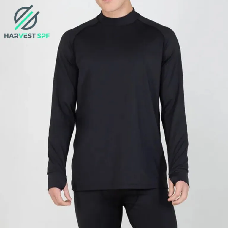 Black high-neck long-sleeve top with black bottoms, flat product photograph