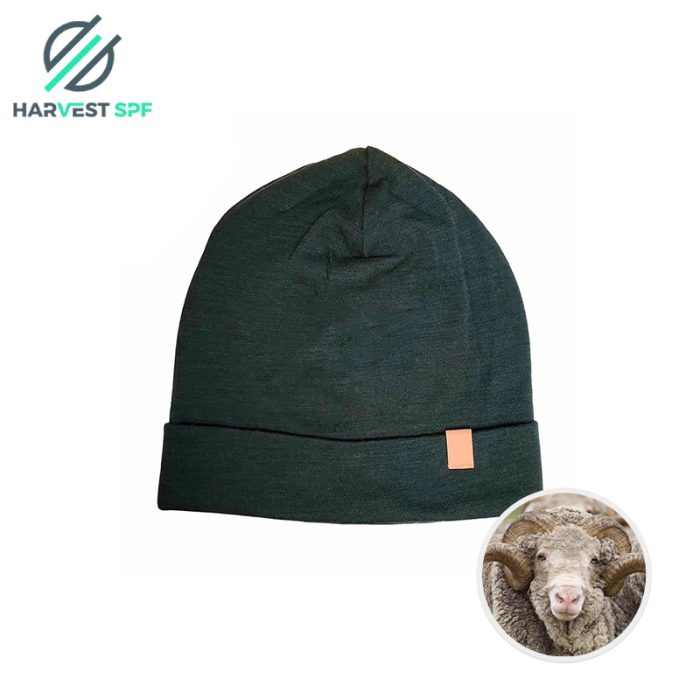 Dark green knit cap, flat product photograph