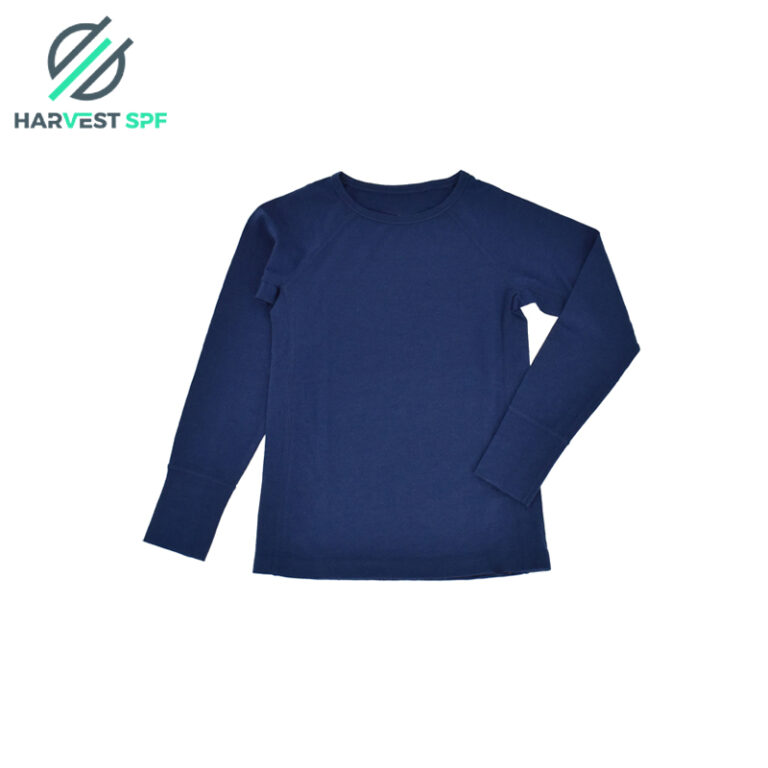 Dark blue long-sleeve top laid flat, product photograph