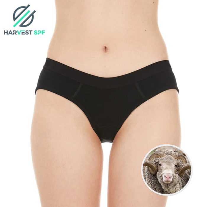 Black wool underwear style worn by a model, product photograph